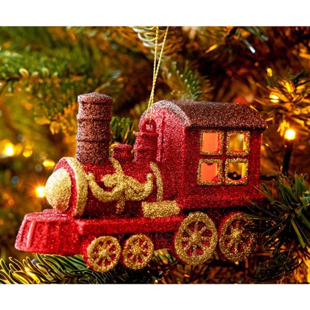  Christbaumschmuck Kunststoff Glitzer Lokomotive 12cm Rot / Gold
