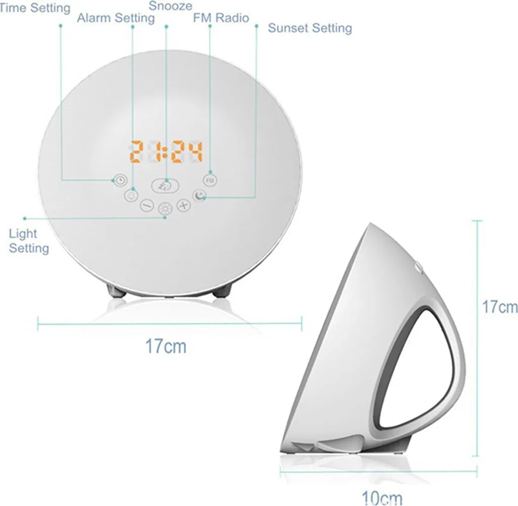  Wake Up Light Wecker - Sonnenaufgang Sonnenuntergang Analoger Tageslichtwecker Mit 2 Alarmen, 10 Helligkeiten, Schlummerfunktion, 6 Natürlichen Geräuschen, UKW-Radiowecker