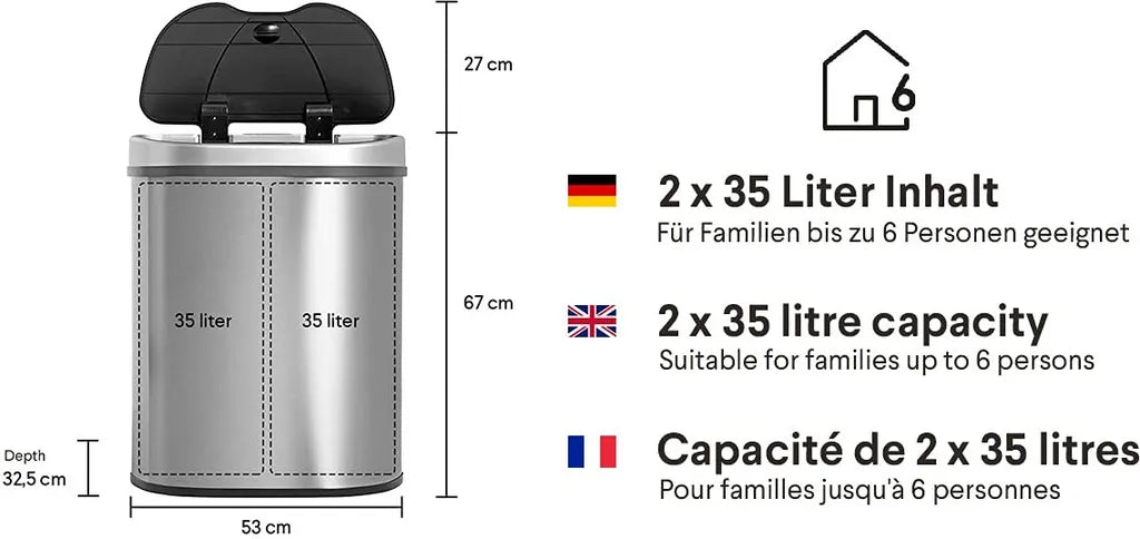  QUBIX Sensor Mülleimer 70L - 2 X 35L - 2 Fächer - Edelstahl - Abfalleimer - Abfalltrennsensor - Abfalltrennung Mülleimer