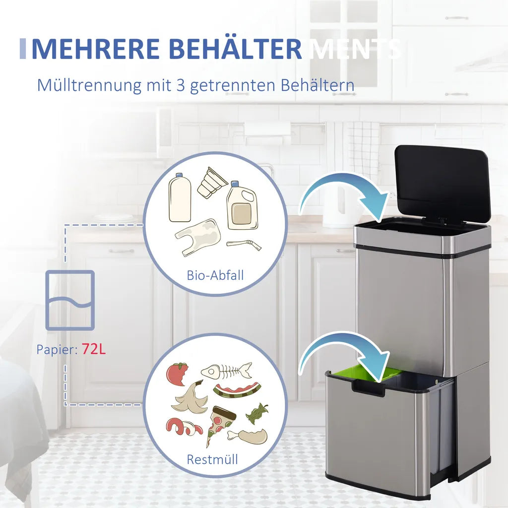  HOMCOM Mülleimer Abfalleimer Mit Sensor 72 L Mülltrennsystem 3 Fächer Edelstahl Silber 42 X 30 X 81 Cm