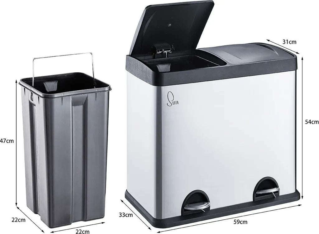  SVITA T2X24 Edelstahl Mülleimer 48 Liter (2 X 24L) Treteimer Abfalleimer Mülltrennung Mit Schubfächern Grau