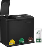  SONGMICS Mülleimer Für Die Küche, 3 X 8 Liter, Abfalleimer Aus Metall, 3-in-1 Treteimer, Mülltrennung, Mülltrennsystem, 15 Müllbeutel, Einfach Zu Reinigen, Stahl, Schwarz LTB24BK