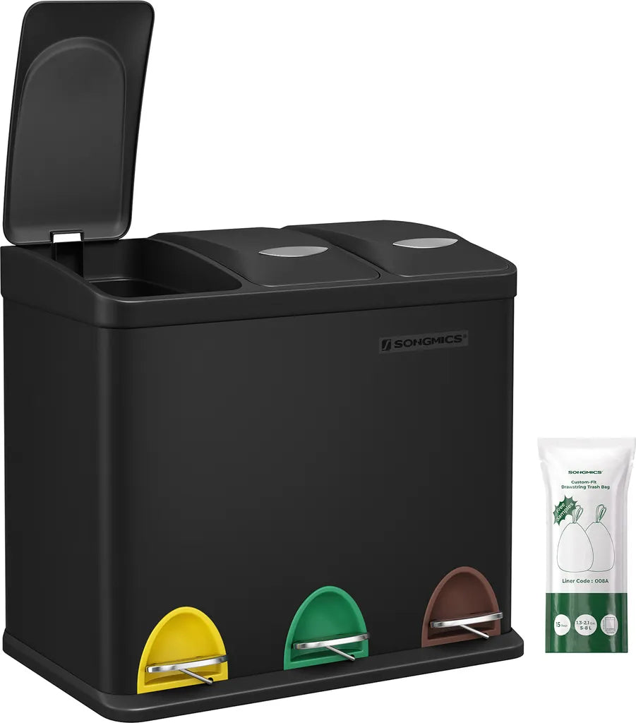  SONGMICS Mülleimer Für Die Küche, 3 X 8 Liter, Abfalleimer Aus Metall, 3-in-1 Treteimer, Mülltrennung, Mülltrennsystem, 15 Müllbeutel, Einfach Zu Reinigen, Stahl, Schwarz LTB24BK