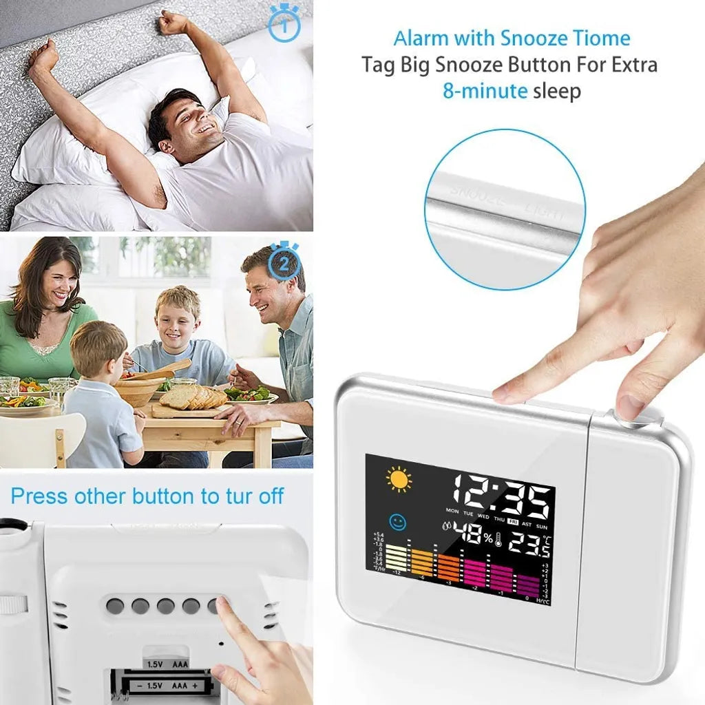  Wecker Mit Projektion, LED Digital Projektionswecker USB Aufladbar Wecker/Taktgeber Temperaturanzeige/Hygrometer/Uhrzeit & Datumsanzeige/LCD Displaybeleuchtung/LED Backlight/Snooze (Weiß)