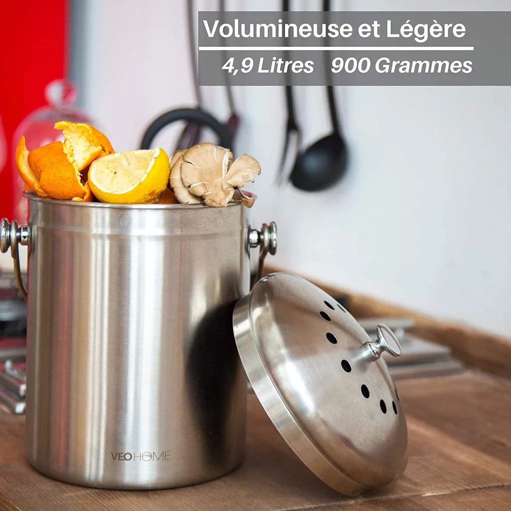  Komposteimer Küchen-Kompostbehälter VeoHome Mit Aktivkohlefilter (5L) - Rostfreier Edelstahl, 100% Luftdicht, Um Geruch Aus Organischen Lebensmittelresten Zu Hause