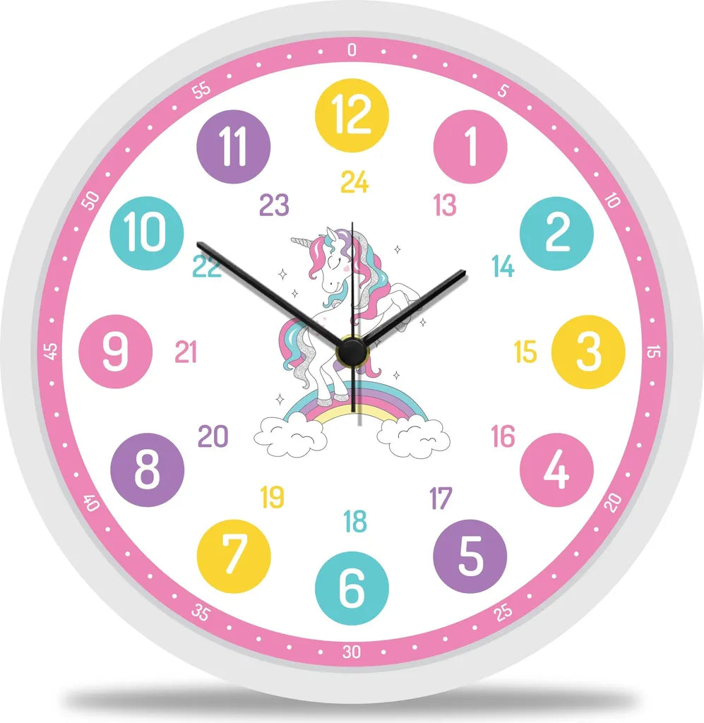  GRAVURZEILE Wanduhr Kinder Einhorn Motiv - Lautlose Kinderwanduhr Geeignet Für Mädchen - Bunte Lernuhr Für Kinder 30 Cm - Einfaches Ablesen Der Uhrzeit Lernen - Farbenfrohes Design