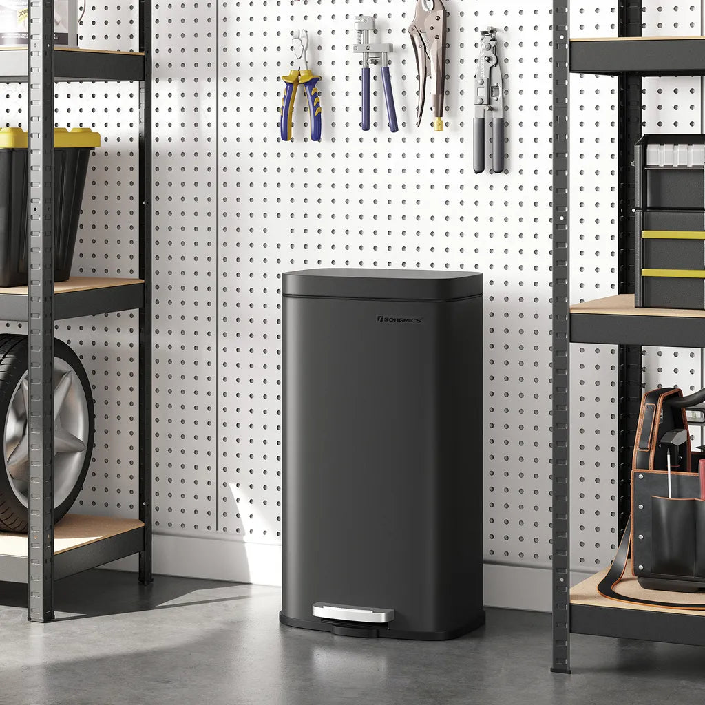  SONGMICS Mülleimer, 30 L Abfalleimer Mit Pedal, Treteimer Mit Inneneimer Aus Kunststoff, Für Die Küche, Klappdeckel, Softclose, Geruchsdicht Und Hygienisch, Schwarz LTB03BK