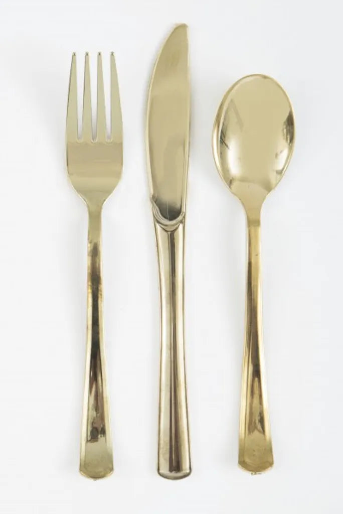 Unique 18 Tlg. Plastik Besteck Gold Hochglanz Löffel Messer Gabeln