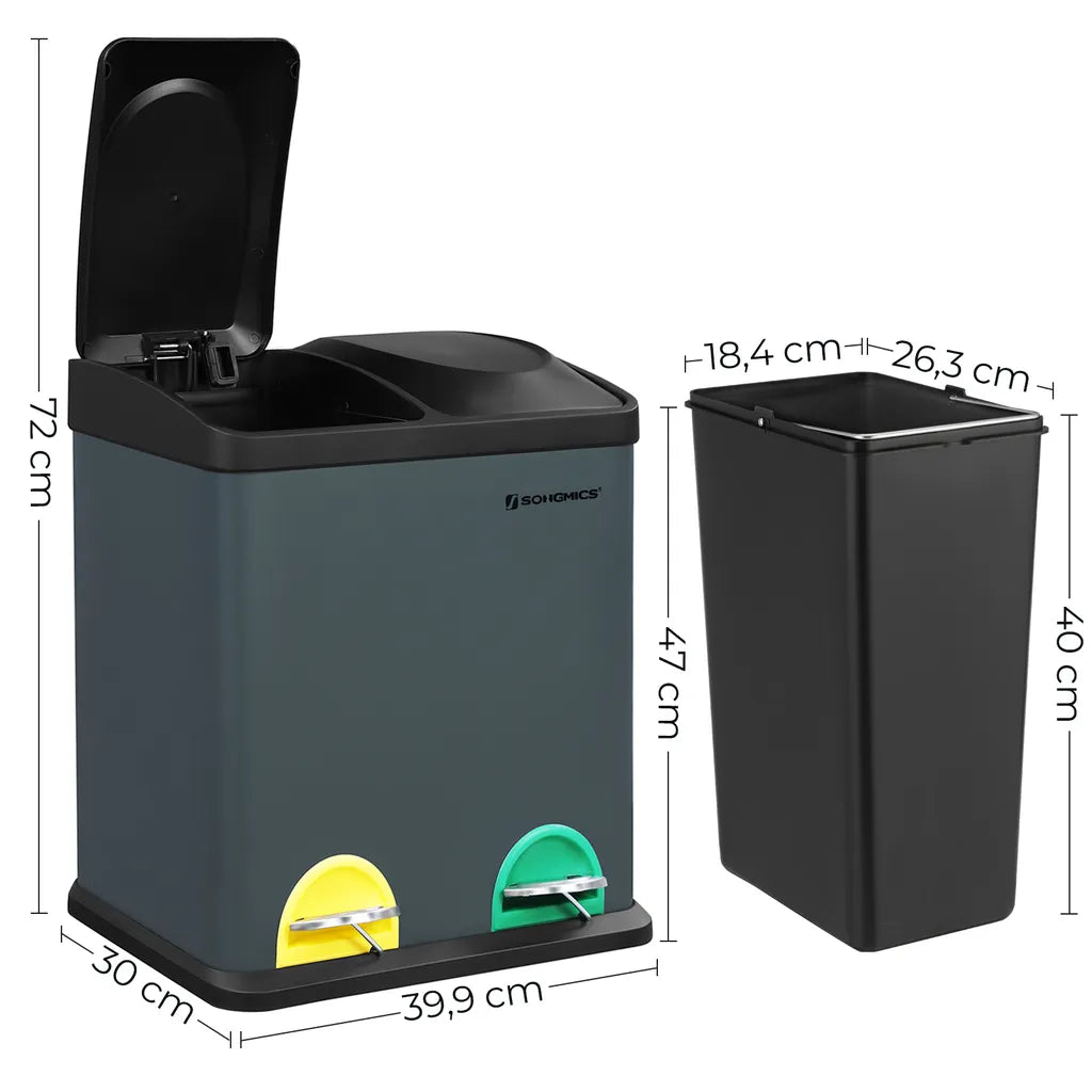 SONGMICS Mülleimer 30 Liter, Mülltrennung, 2 X 15 Liter, Abfalleimer, Treteimer Mit Inneneimern, Farbigen Pedalen, Mülltrennsystem Für Die Küche, Rauchgrau-schwarz LTB30G