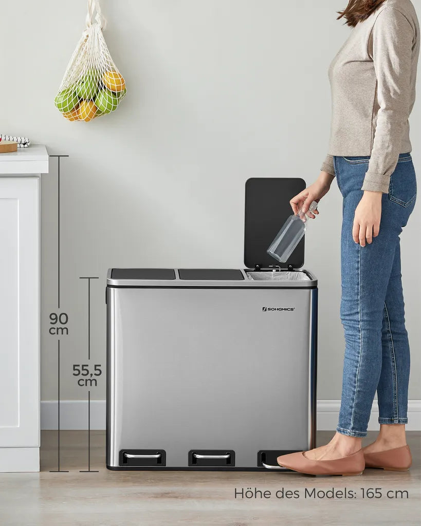  SONGMICS Mülleimer 54L Treteimer 3 X18L Edelstahl Abfalleimer Mit Fußpedal Handgriffen Und 3 Inneneimern Aus Kunststoff LTB54NL