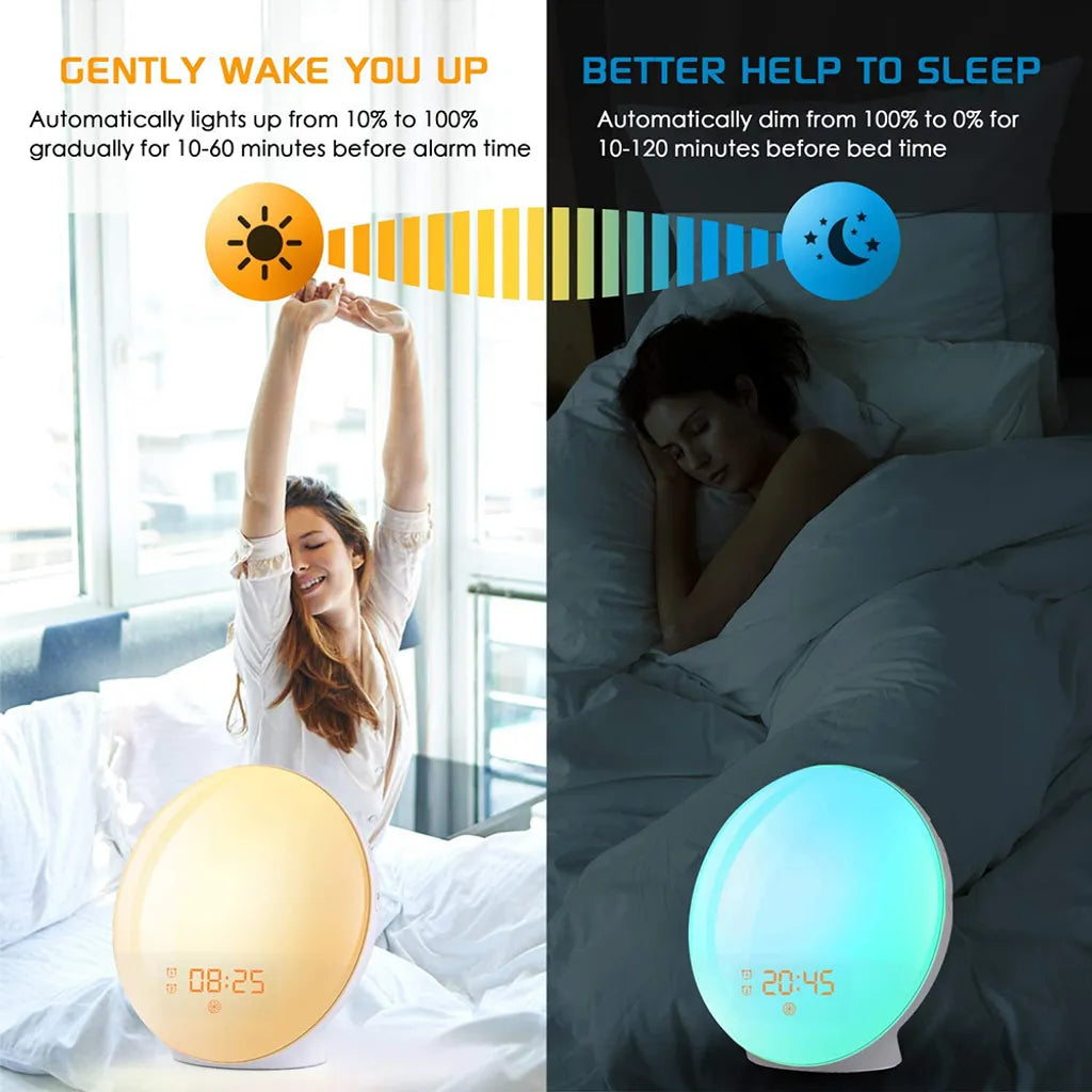  Lichtwecker LED Wake Up Light, Wecker Mit Sonnenaufgangssimulation, Tageslichtwecker FM Radio Wecker Mit Licht 7 Farben, 7 Wecktöne Wecker Kinder Alarm Clock Digital Uhr Nachtlicht Nachttischlampe [Energieklasse A++]