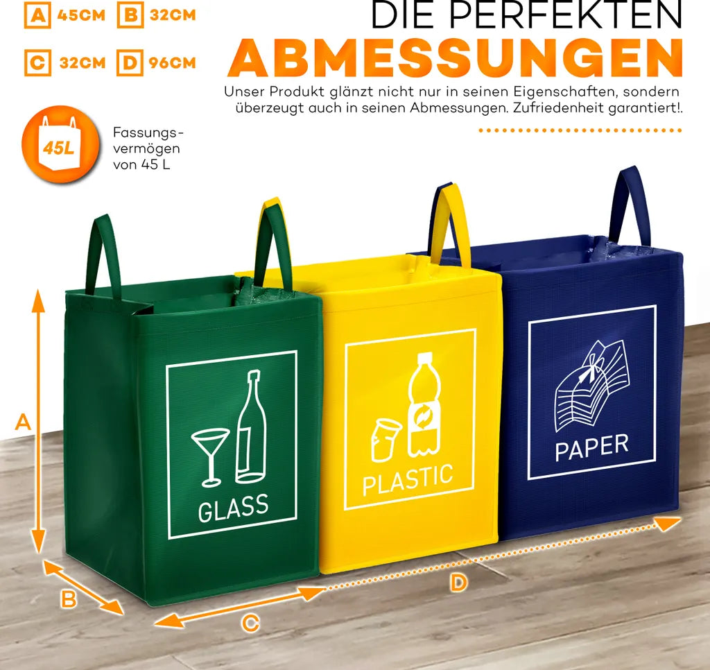  TRESKO 3er Set Recycling Englisch Müll Sortiertaschen Mülltrennsystem Mülleimer Mülltrenner Trennsystem Abfalltrennsystem
