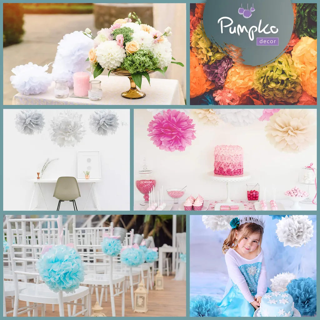  Pumpko® Decor 10 Seidenpapier Pompons | Champagner Hellgrau Weiß Deko Für Party Hochzeit |Ponpon