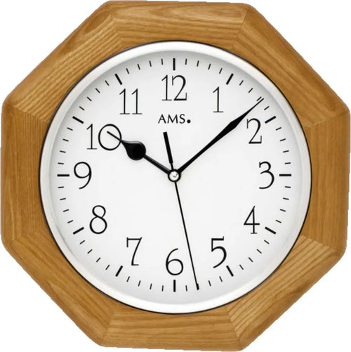  AMS 5512 Wanduhr Funk Funkwanduhr Analog Holzrahmen Eiche Farben Achteckig
