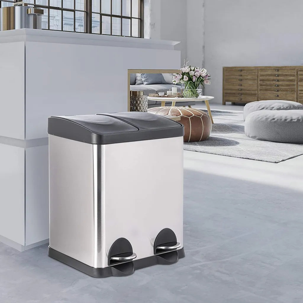  ONVAYA® Doppel Tretmülleimer Leo Edelstahl | 30L Mülltrennsystem Für Die Küche | Duo Abfalleimer In Silber & Schwarz | Müllbehälter 2X 15L