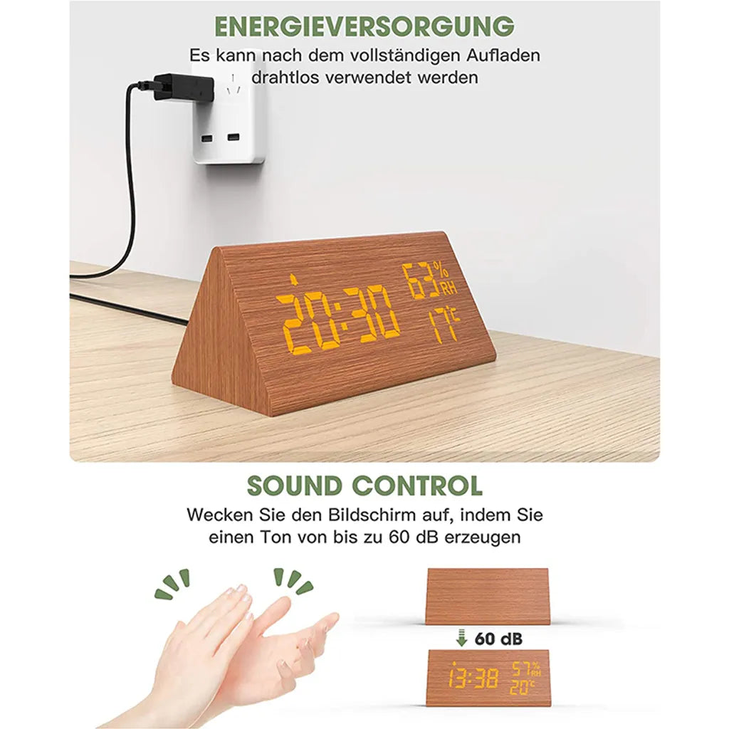  Wecker Digitaler LED Wecker Uhr Holz,mit Sprachsteuerung/Datum/Temperatur Und Luftfeuchtigkeit, Braun