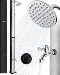  AREBOS Solardusche 40 Liter, Inklusive Abdeckhaube, Mit Integriertem Thermometer, Mit Fußdusche, Mit Gartenschlauch-Anschluss, Silber-Schwarz