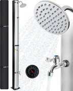 AREBOS Solardusche 40 Liter, Inklusive Abdeckhaube, Mit Integriertem Thermometer, Mit Fußdusche, Mit Gartenschlauch-Anschluss, Silber-Schwarz