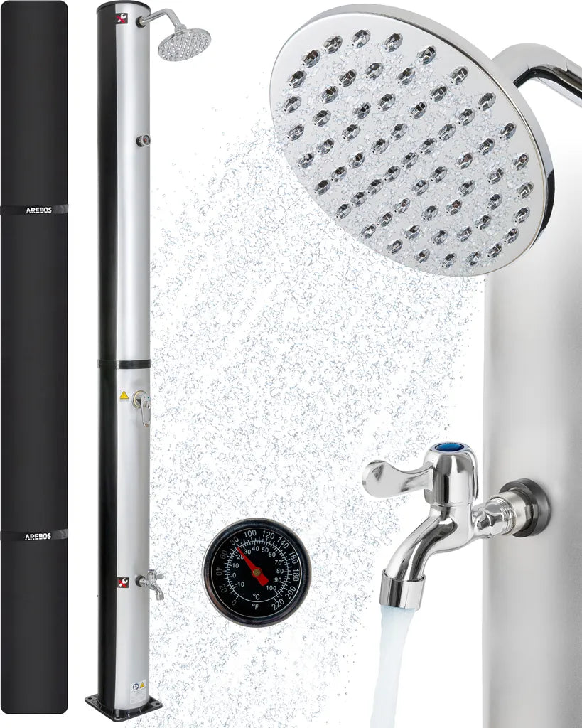  AREBOS Solardusche 40 Liter, Inklusive Abdeckhaube, Mit Integriertem Thermometer, Mit Fußdusche, Mit Gartenschlauch-Anschluss, Silber-Schwarz