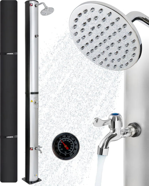  AREBOS Solardusche 40 Liter, Inklusive Abdeckhaube, Mit Integriertem Thermometer, Mit Fußdusche, Mit Gartenschlauch-Anschluss, Silber-Schwarz