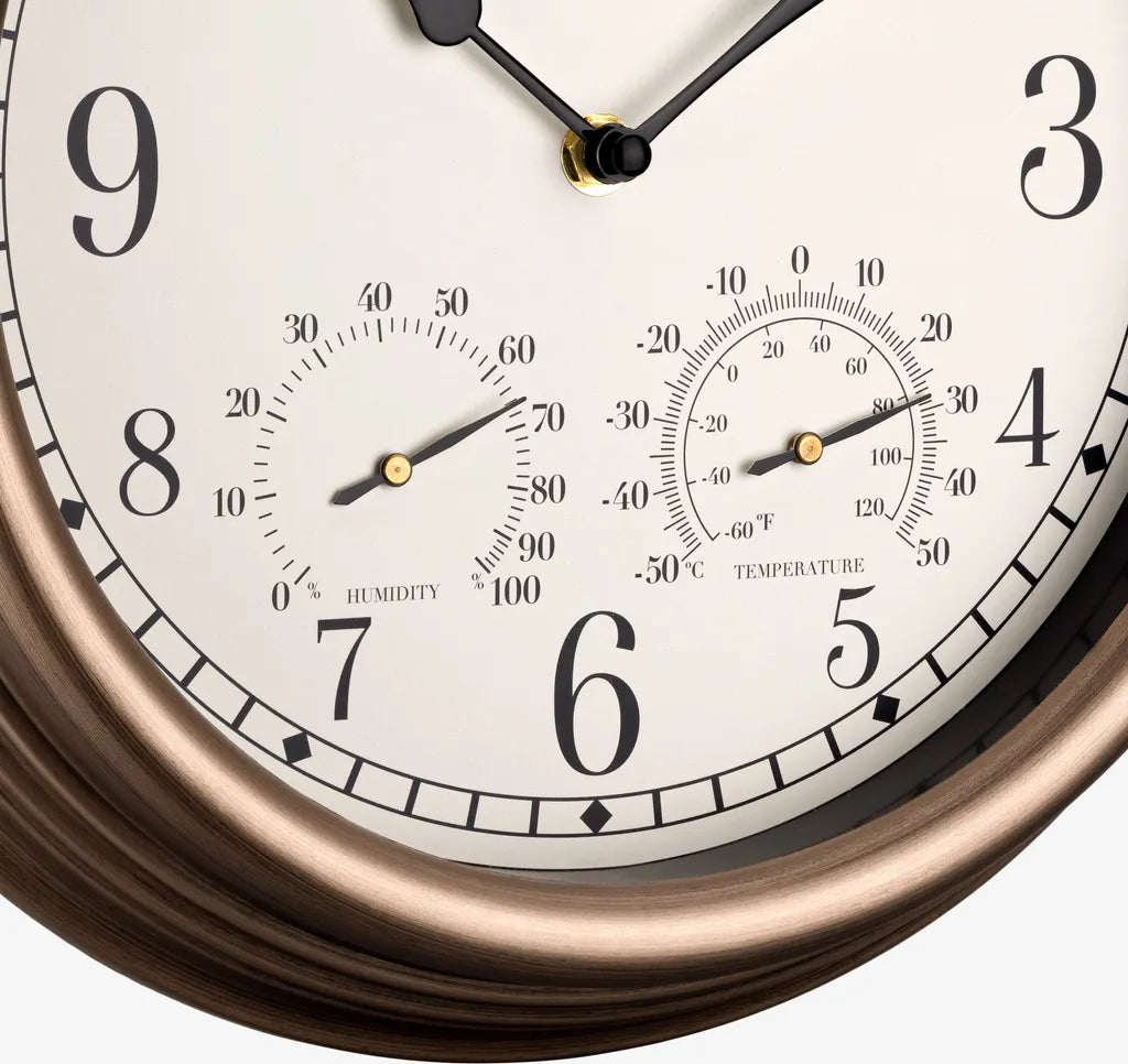  Navaris Outdoor Wanduhr Analog - Mit Thermometer Und Hygrometer Anzeige - 30,5 X 4,9cm - Runde Uhr Zum Aufhängen Ohne Ticken - Deko Garten Wand Uhr