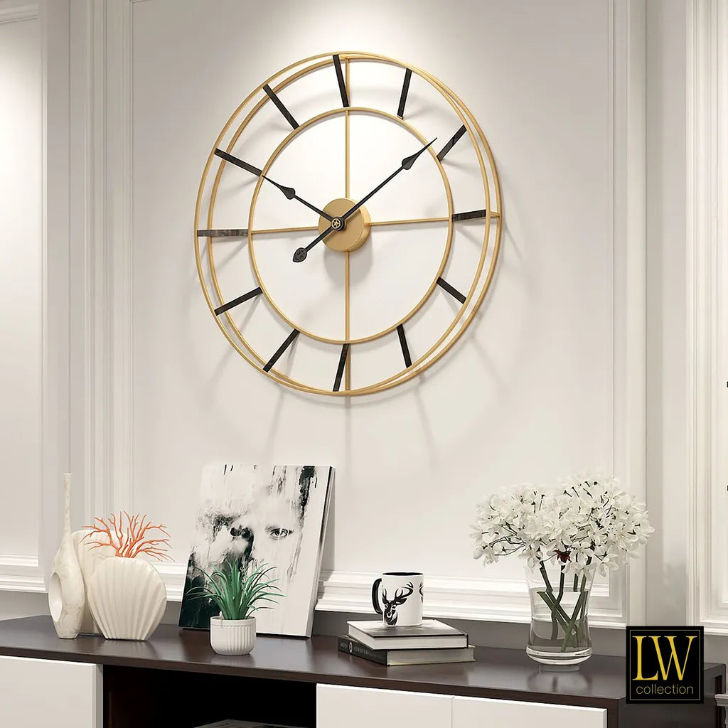  LW Collection Wanduhr ISLA Gold 80CM - Wanduhr Modern - Leises Uhrwerk - Industrielle Wanduhr - Große Wanduhr - Nicht Tickend - Geräuschlos – Batteriebetrieben - Industrial Design