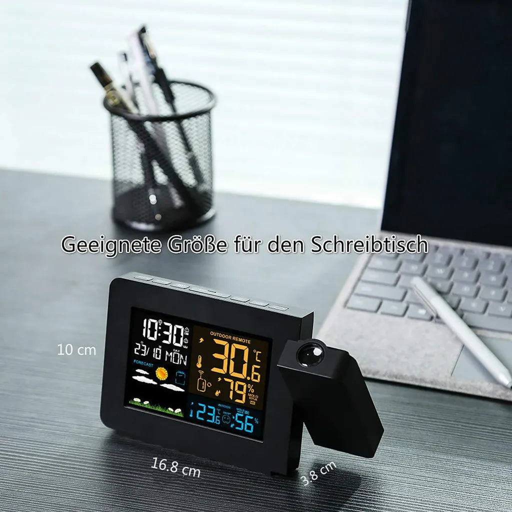  FanJu Wecker, Wetterstation Funk Mit Außensensor/Projektionswecker/Innen-/Außentemperatur Und Luftfeuchtigkeit/Mondphase/Funkwecker