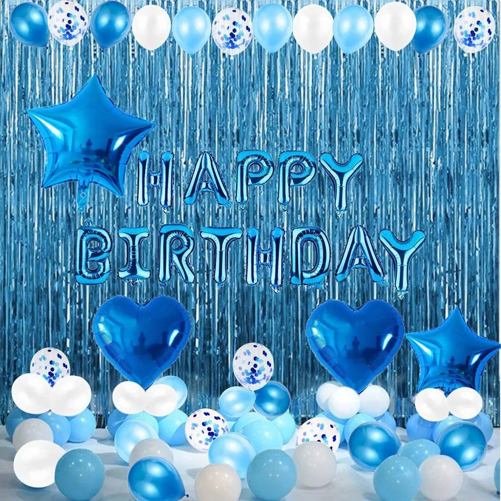  Geburtstagsdeko Blau Set, Happy Birthday Girlande Konfetti Ballons Tischdecke Blau Luftballons Glitzer Vorhang Konfetti Herz Stern Folienballon Für Mann Junge Mädchen Party Geburtstag Deko