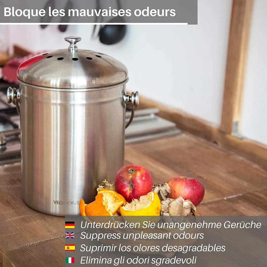  Komposteimer Küchen-Kompostbehälter VeoHome Mit Aktivkohlefilter (5L) - Rostfreier Edelstahl, 100% Luftdicht, Um Geruch Aus Organischen Lebensmittelresten Zu Hause