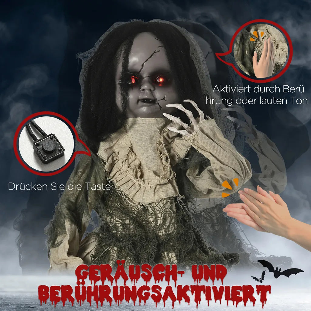  Outsunny 83cm Halloween Dekoration Geisterpuppe Mit Spezialeffekten Und Soundfunktion Rote Augen Mit Leuchtern Motorisierte Räder Horrorpuppe