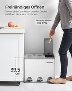  SONGMICS Mülleimer Für Die Küche, 3 X 8 Liter, Abfalleimer Aus Metall, 3-in-1 Treteimer, Mülltrennung, Mülltrennsystem, Mit 15 Müllsäcken, Einfach Zu Reinigen, Stahl, Weiß-grau LTB24WT