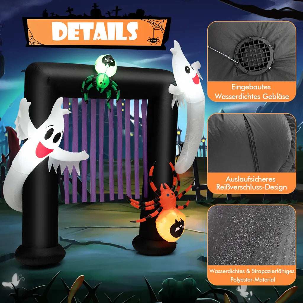  COSTWAY LED Aufblasbarer Halloween-Torbogen 223cm, Festliche Halloween-Dekoration Mit 2 Geistern & 2 Spinnen, Inkl. Wasserdichtem Gebläse, Für Die Veranda, Garten