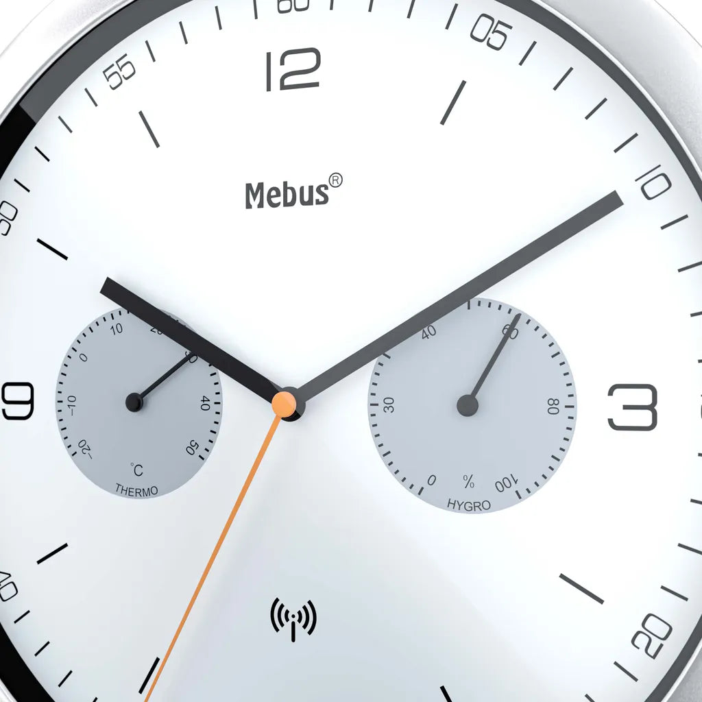  Mebus Funk-Wanduhr Mit Thermometer Und Hygrometer / Quarz-Uhrwerk / 26 Cm Durchmesser / Rund