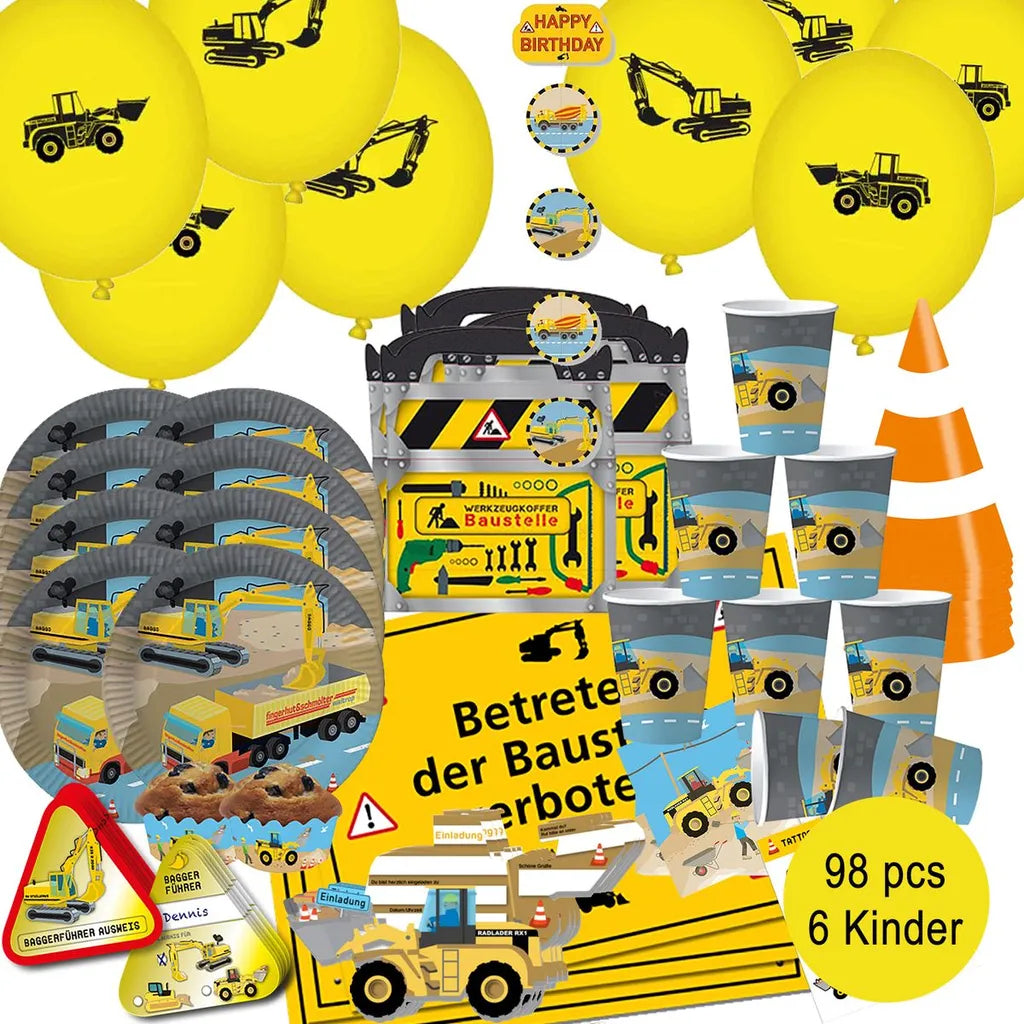  XXL Party-Set Kindergeburtstag Baustelle Bagger Für 6 Kinder, 98-tlg.