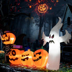  COSTWAY 226cm Aufblasbare Kürbis-Kombination LED Halloween-Dekoration Aufblasbar Mit Geister-, Skelett- & Hexenhüten Für Halloweenparty, Hinterhof & Garten