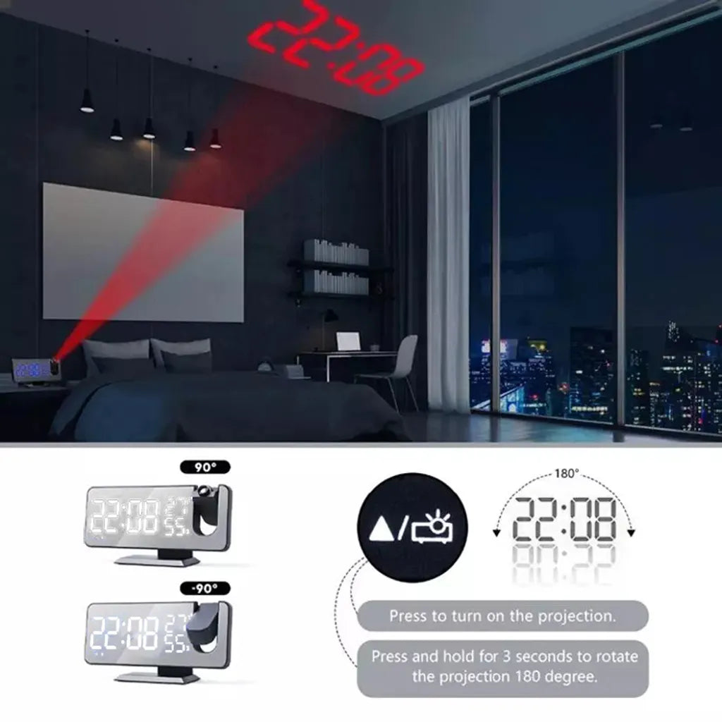  Projektionswecker, Digital Wecker Mit Projektion 180 °, Radiowecker Mit USB-Anschluss Großem LED-Anzeige Snooze Dual-Alarm,4 Projektionshelligkeit Mit Automatischem Dimmer, 32FM Radio