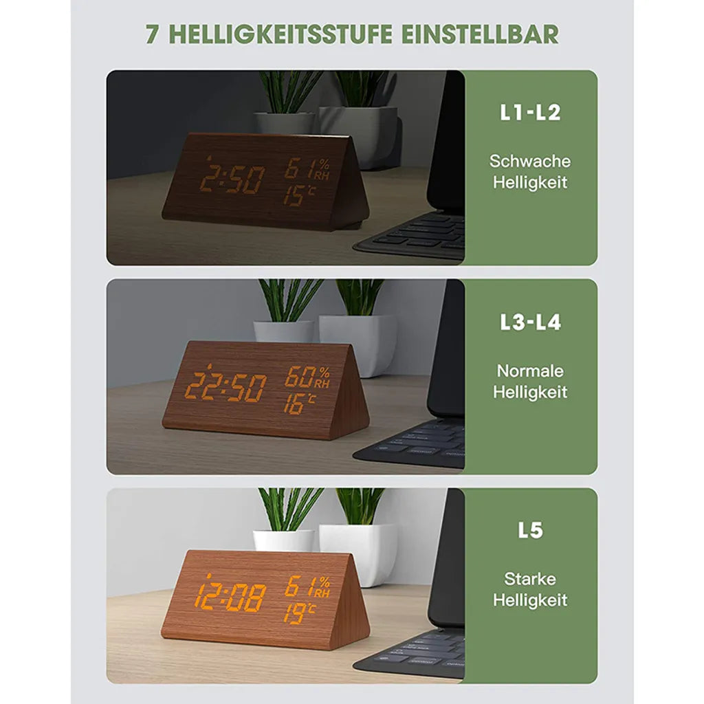  Wecker Digitaler LED Wecker Uhr Holz,mit Sprachsteuerung/Datum/Temperatur Und Luftfeuchtigkeit, Braun