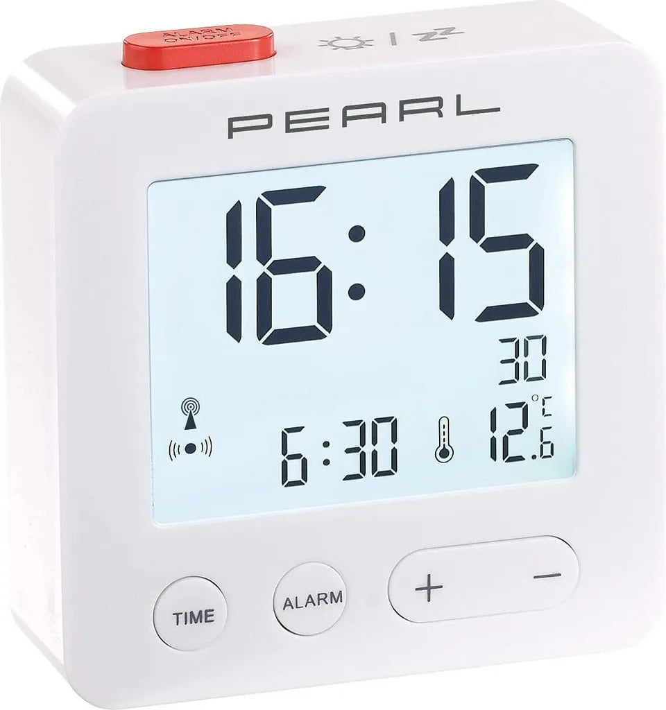 Pearl Digitaler Reise Funkwecker Mit Thermometer & Datum Beleuchtetes XL Display Weiss