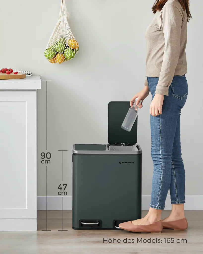  SONGMICS Mülleimer Treteimer Mit 2 Fächern 30 L Aus Metall 2 X 15 Liter Abfalleimer Mit Softclose Inneneimern Und Griffen Luftdicht Rauchgrau LTB30GS