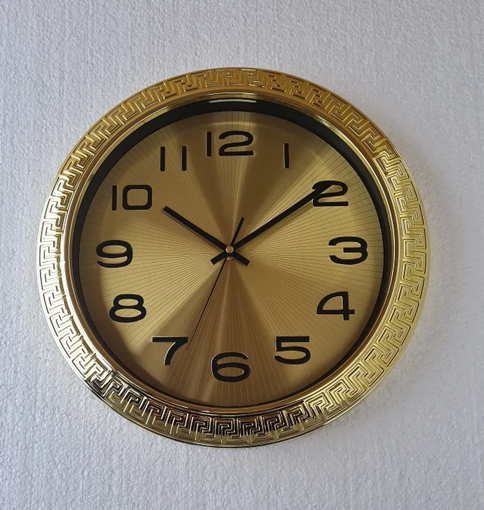  Uhr GOLD Wanduhr LAUTLOS 35cm Glänzend Bordüre Versage Maänder WoW Neu
