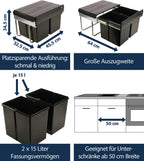  Wesco Niedriger Mülleimer Küche Ausziehbar | 2 X 15 L Einbaumülleimer Mit Schienengestell | Abfallsystem | Abfallsammler | Trennsystem | Bodenmontage | Kunststoff Schwarz | 28015 0