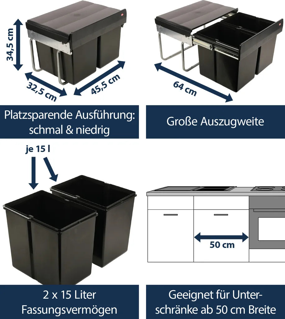  Wesco Niedriger Mülleimer Küche Ausziehbar | 2 X 15 L Einbaumülleimer Mit Schienengestell | Abfallsystem | Abfallsammler | Trennsystem | Bodenmontage | Kunststoff Schwarz | 28015 0