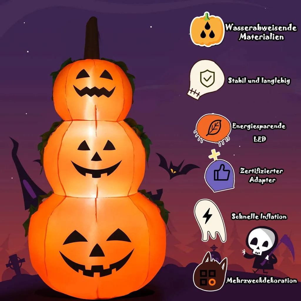  COSTWAY 180 Aufblasbarer Halloween Kürbis, 3 Stapel Kürbis Mit LED-Innenbeleuchtung, Halloween Kürbis Dekorationen Für Den Innen- Und Außenbereich