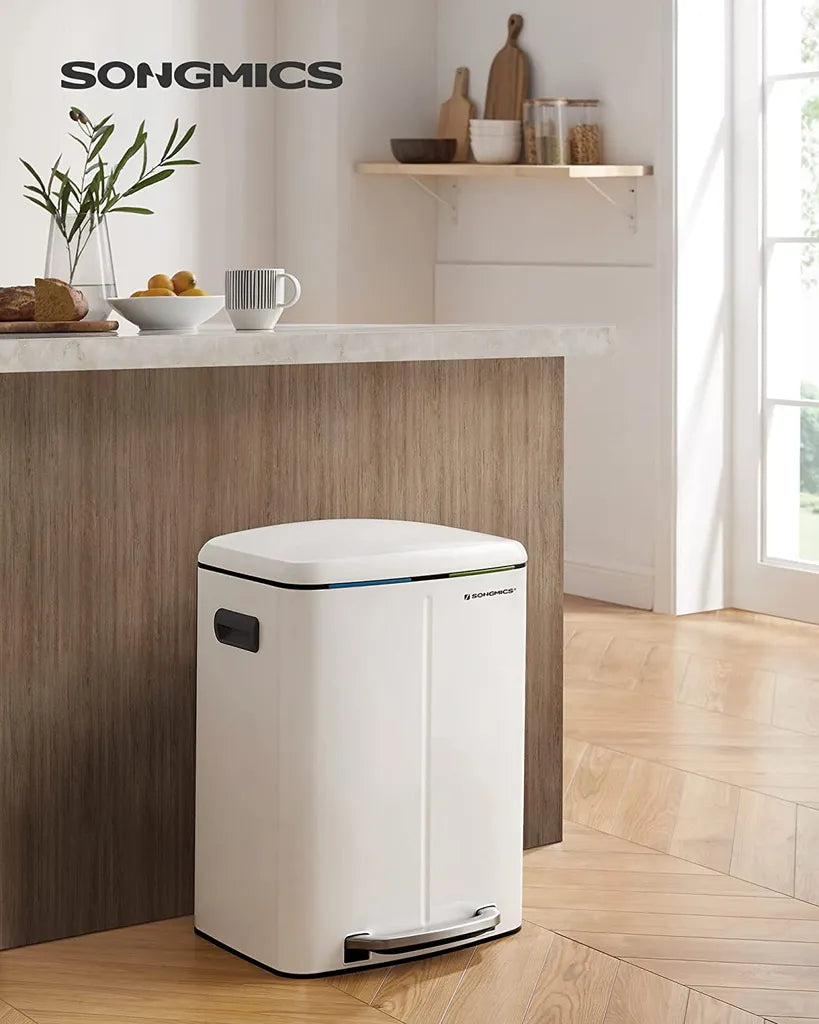  SONGMICS Mülleimer Mit 2 Fächern 40L Abfalleimer 2 X 20L Treteimer Aus Metall Mit Klappdeckel Und Griffen Softclose Luftdicht Weiß LTB40WT