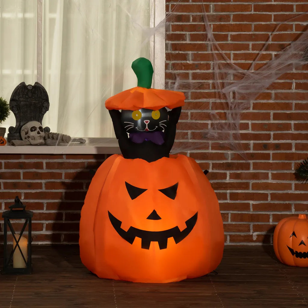  Outsunny 115 Cm Halloween Deko Aufblasbar Kürbisgeist Mit Beweglicher Katze Helloween-Gartendeko Mit LED Lichter Wasserdicht Für Indoor Außen Hof Rasen Haus Halloween Party