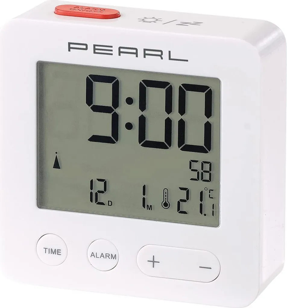 Pearl Digitaler Reise Funkwecker Mit Thermometer & Datum Beleuchtetes XL Display Weiss