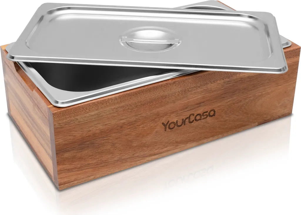  YourCasa® Komposteimer - Akazien Holz Box - Biomülleimer Küche - Spülmaschinenfest - Geruchsdicht- Herausnehmbarer Edelstahl Einsatz -Mülleimer Küche Mit Deckel Biomüll