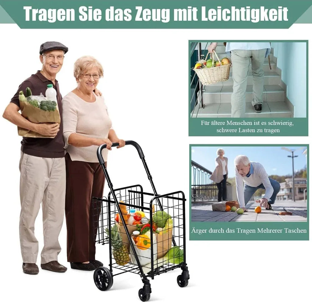  COSTWAY Klappbarer Einkaufstrolley, Einkaufswagen Mit Universalrädern & Doppelkorb, 48L+10L, Tragbarer Handwagen Mit Verstellbarer Griff, Rollwagen Allzweckwagen Für Wäsche Einkaufen Gepäck (Schwarz)