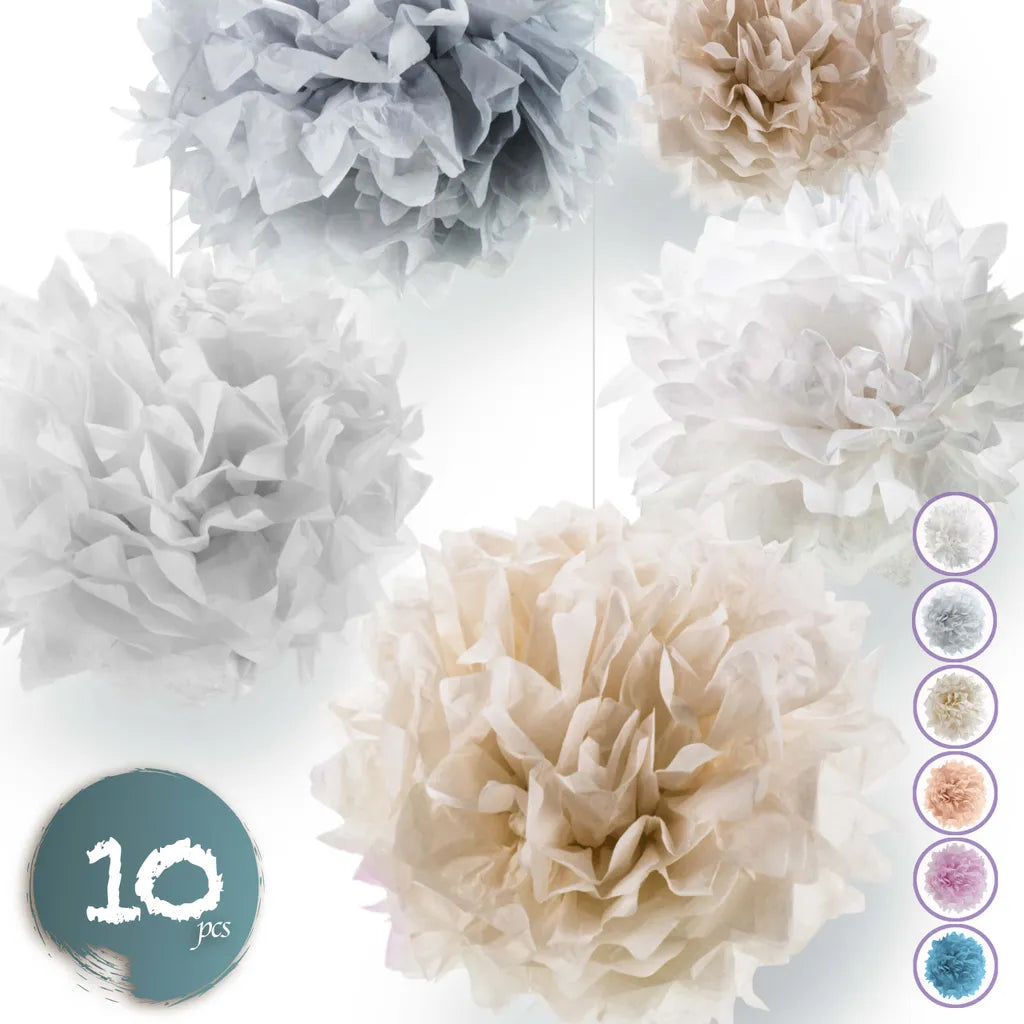  Pumpko® Decor 10 Seidenpapier Pompons | Champagner Hellgrau Weiß Deko Für Party Hochzeit |Ponpon