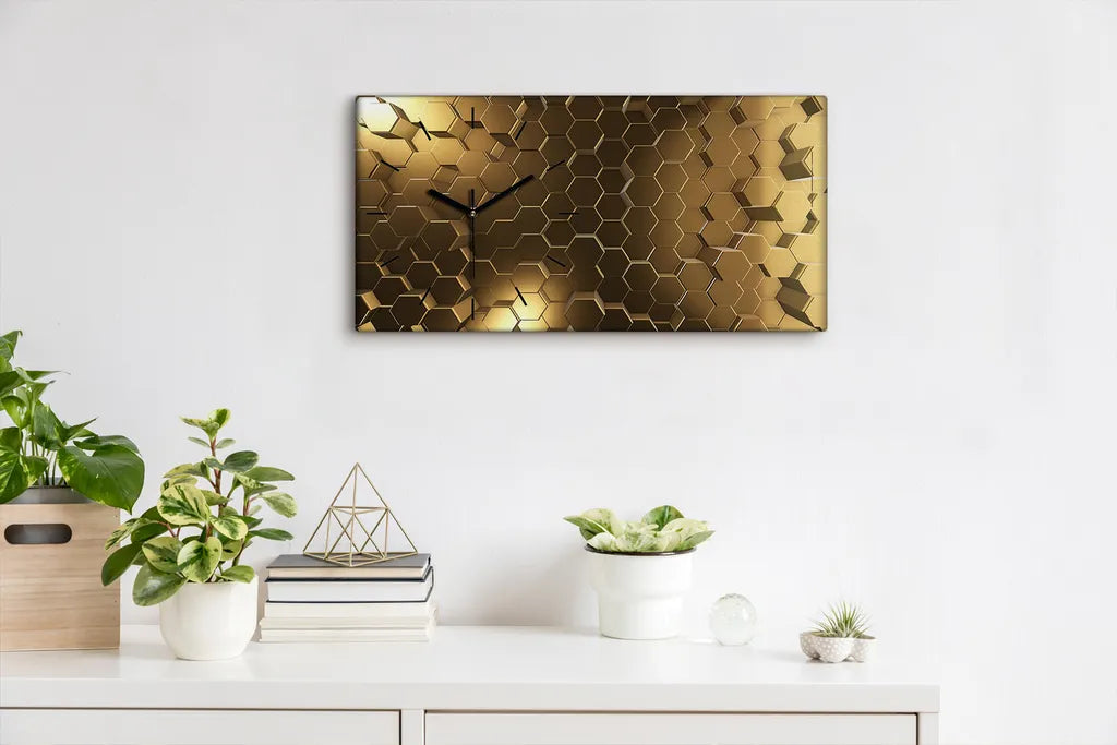  Küchenuhr Bürouhr Leinwand Uhr Geräuschlos 60x30 Abstrakte Kunst Hexagone - Schwarze Hände